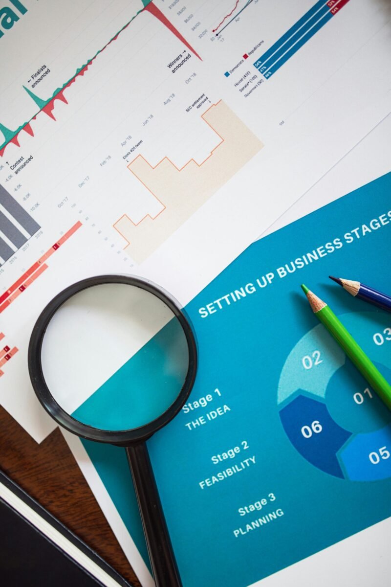 Magnifying glass and charts illustrate business analysis and planning concepts.